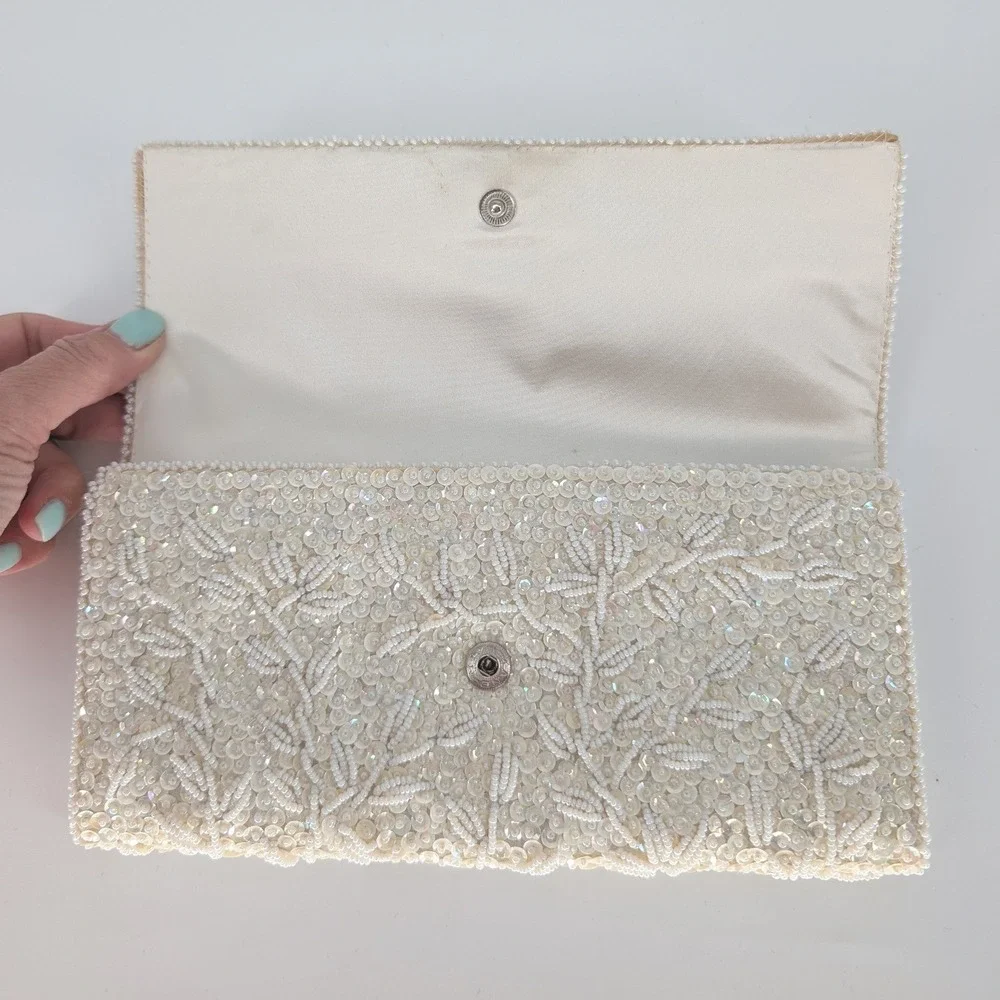 VTG Clutch Bag OS Cream Beaded Sequin Floral Leaf Evening Cocktail Bridal Retro